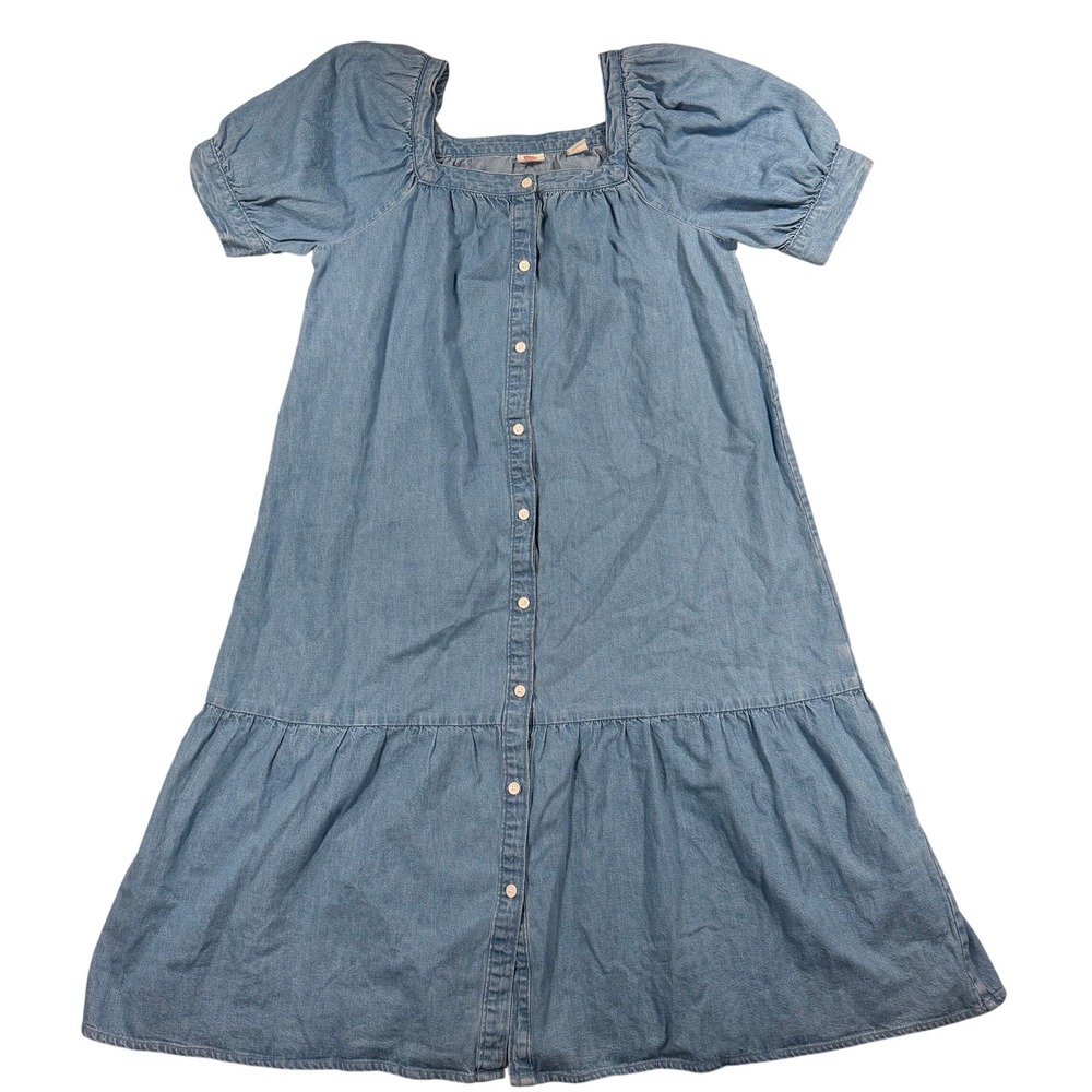 Levis Womens Denim Babydoll Dress Light Wash Blue Button Front Puff Sleeve Small